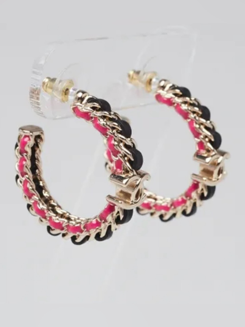 Double C Entwined Pink / Black Chain Logo Hoop Logo Earrings